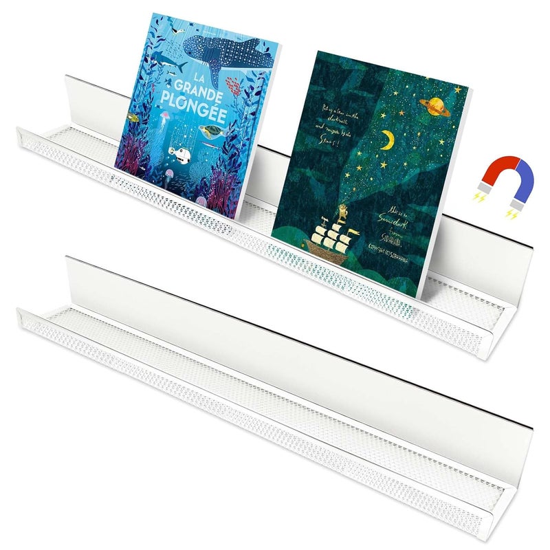Mofuiry 2 Pack White Metal Magnetic Book Shelf for Whiteboard Classroom, 17Inch Floating Book Display Shelves Heavy Duty Magnetic Book Holder Magnet Refrigerator Organizer for Kid Room Office Teacher Storage - Image 1